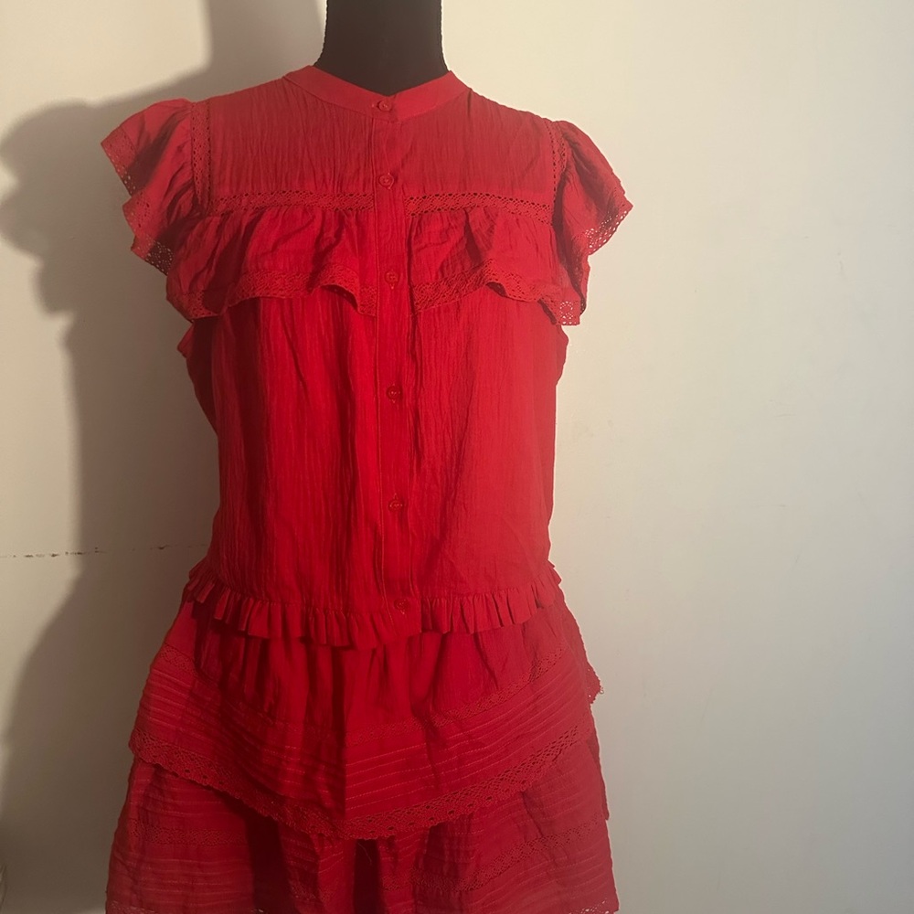 Red Ruffled Skirt Set with Mandarin Collar